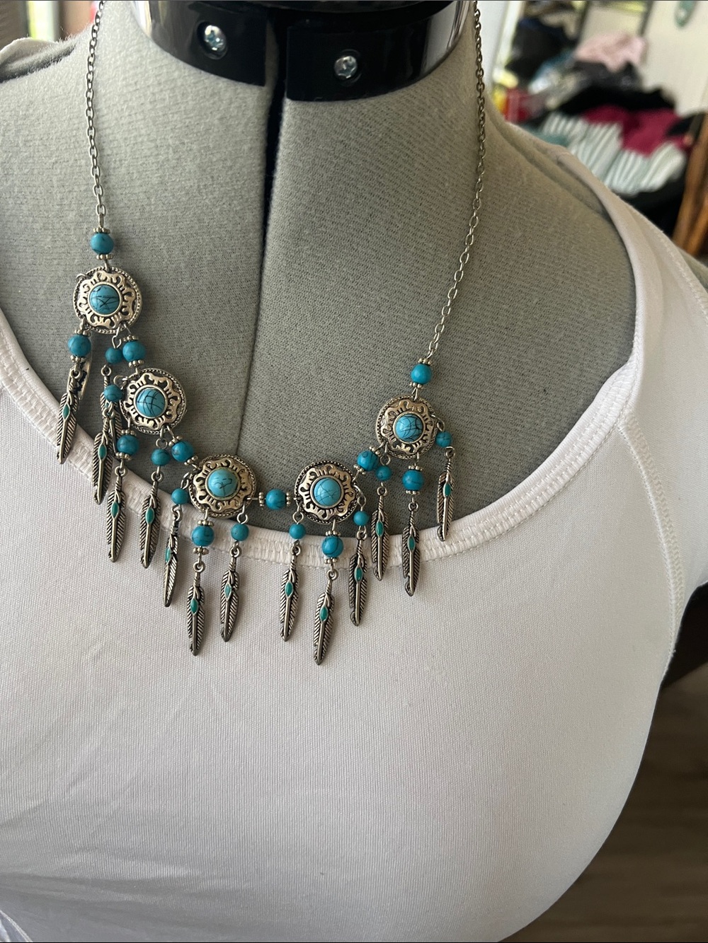 Turquoise Bead Fringe Necklace with Silver Conchos - Women Jewelry